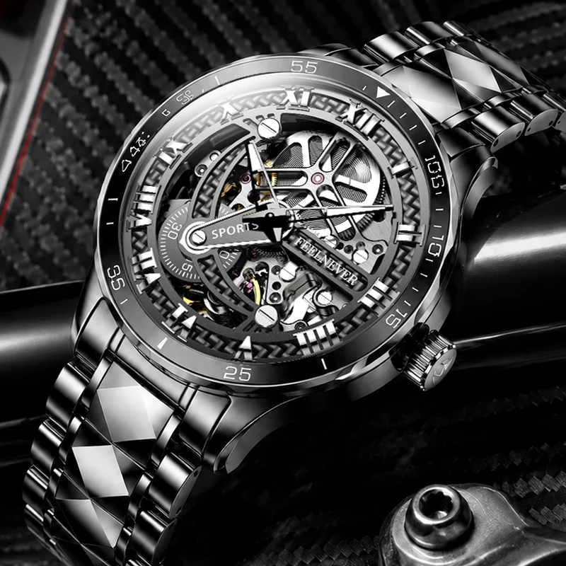 FEELNEVER 2026 New Mechanical Wristwatches for Men Creative Skeleton Sapphire Diver Automatic Watch Men Relogios Masculino+BOX