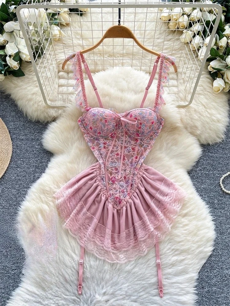 Woman Fashion Sexy Strap Dress New Sleeveless Slim Floral Print Mini Dress Comfortable Breathable Mesh Lace Mini Dress - Image 3