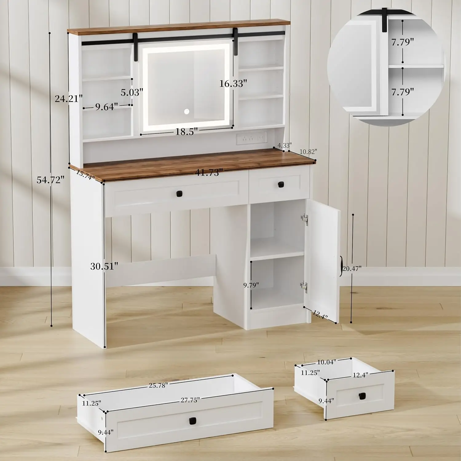i*-Modern Beauty LED Vanity Desk with Lighted Mirror, 3 Color Lighting Modes, Charging Panel, Storage Shelves, Makeup,