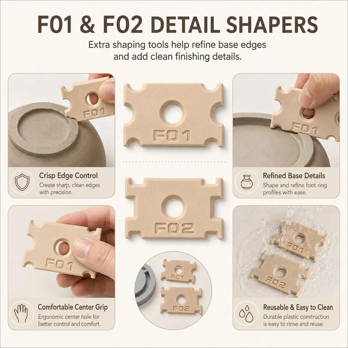 7Piece Pottery Foot Ring Tool Set, Clay Base Aligner and Even Foot Press for Ceramic Bowls, Cups and DIY Wheel Projects