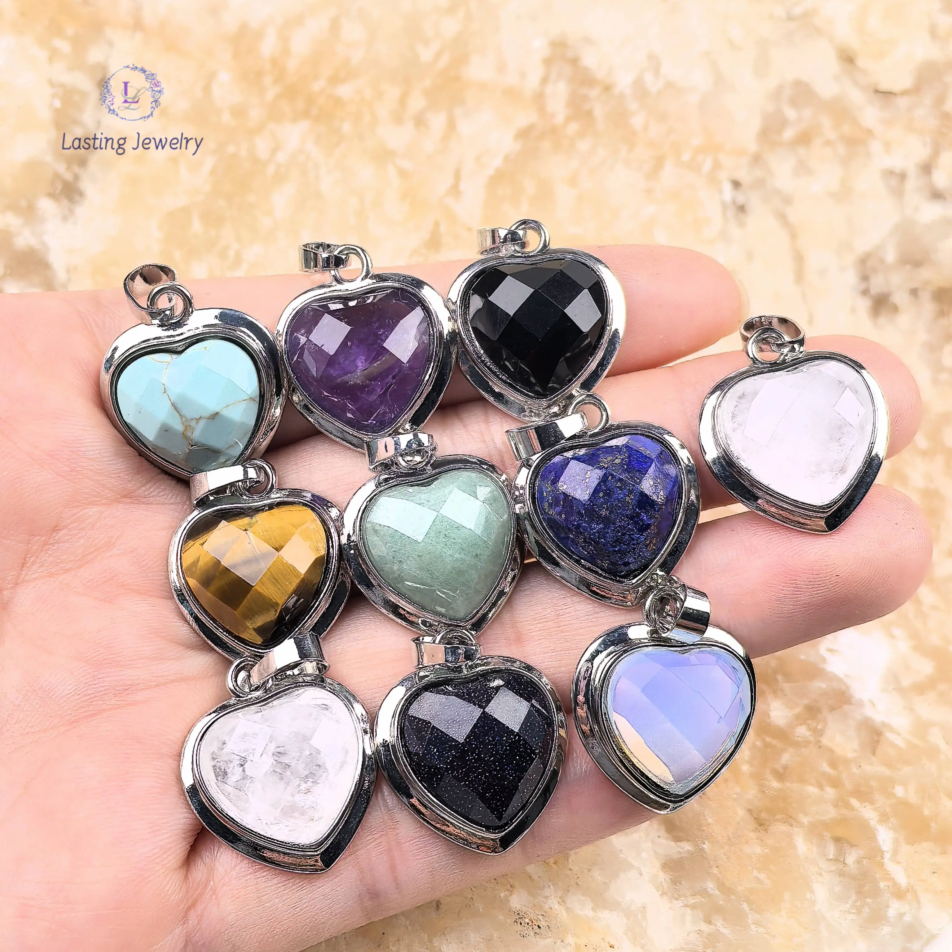 

Reiki Crystal Heart Pendants Sliver Plated Healing Quartz Faceted Gemstone Goldstone Tiger Eye Charms Pendulum Necklace Jewelry