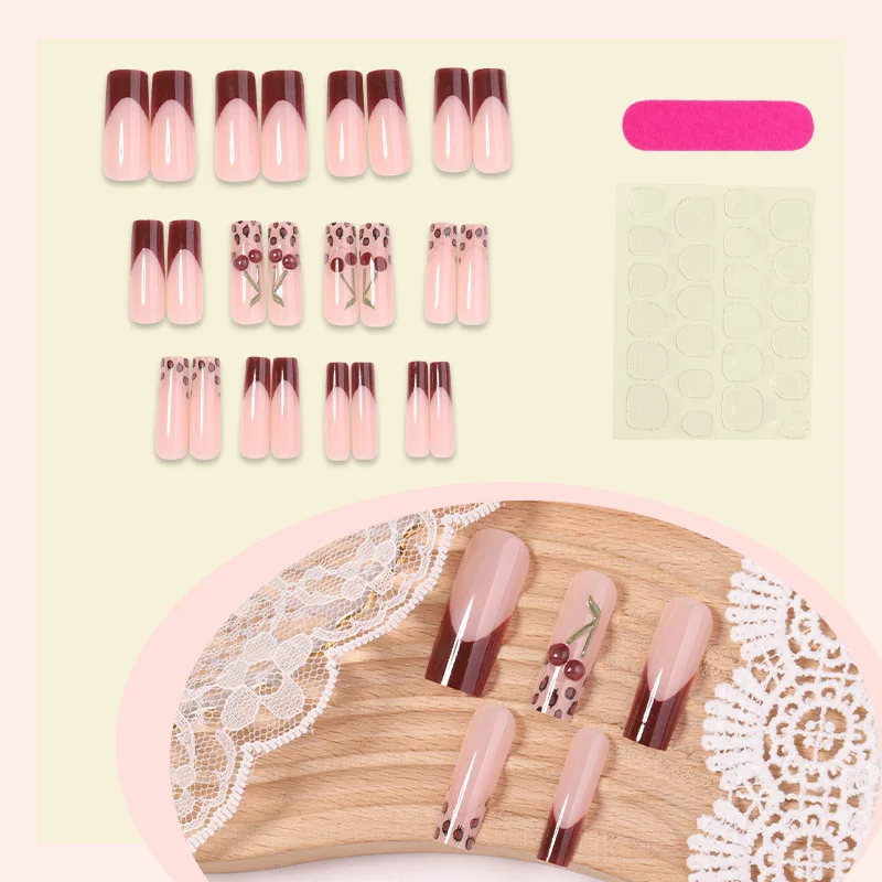 24 faux ongles carrés en forme de cerise léopard cool et sucrés, design français européen américain, ongles à presser pour les filles épicées, art des ongles