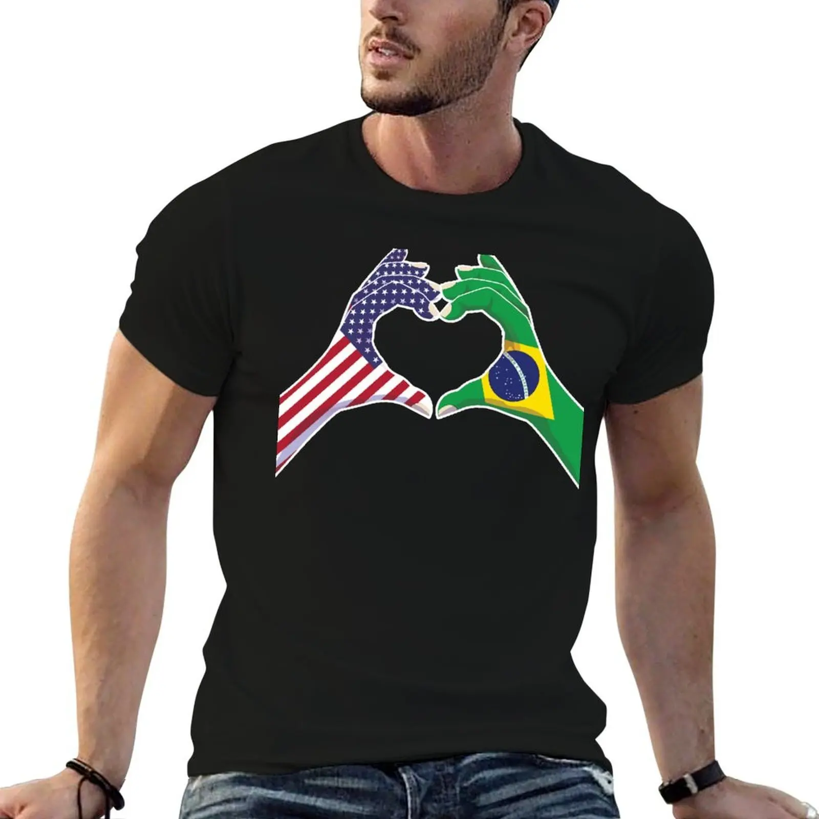 

Brazilian Brazil USA United States American America Love Heart Peace T-Shirt cotton t shirts man 100% T-Shirt