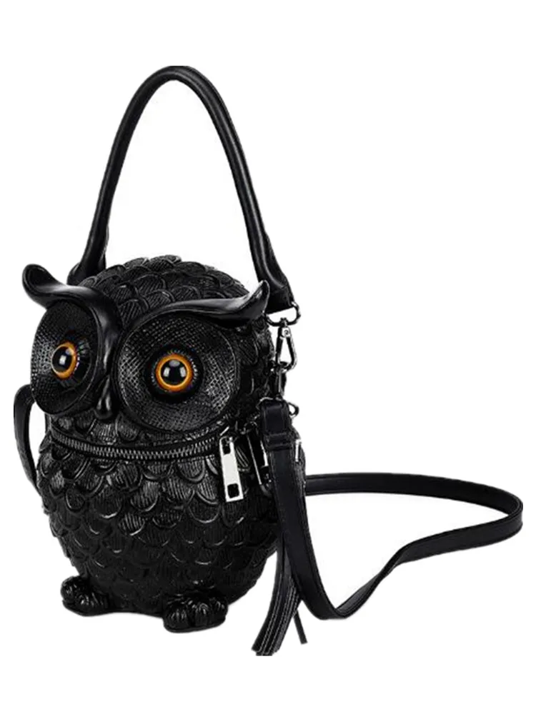 Skórzana torba 3D z symulowaną sową torebka z frędzlami zwierząt designerska torba na ramię torebka wiadro damska moda Crossbody czarne torby — zdjęcie 2