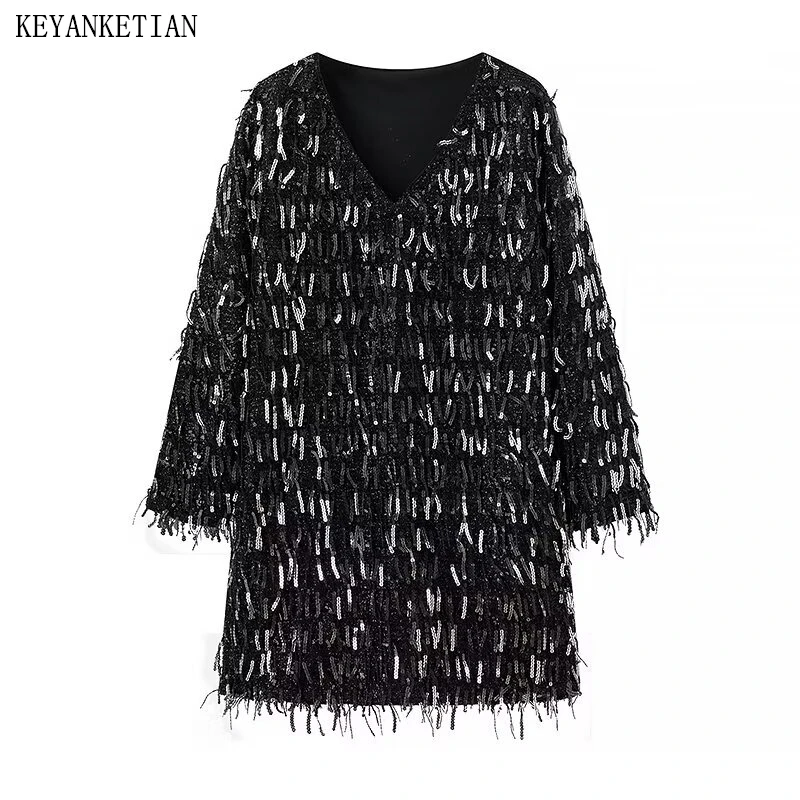 

KEYANKETIAN весеннее новое женское мини-платье с v-образным вырезом и длинными рукавами, украшение из бисера, прямое мини-платье, вечернее платье