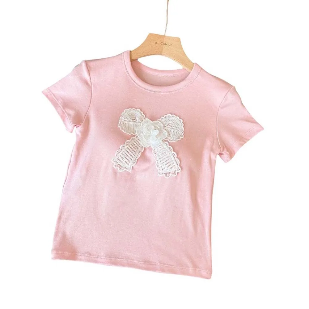 

Cotton Korean Bow T-shirts With Chest Pads Embroidered Y2K Crop Tops Undershirt Korean Style Short Shoulder Tops Student