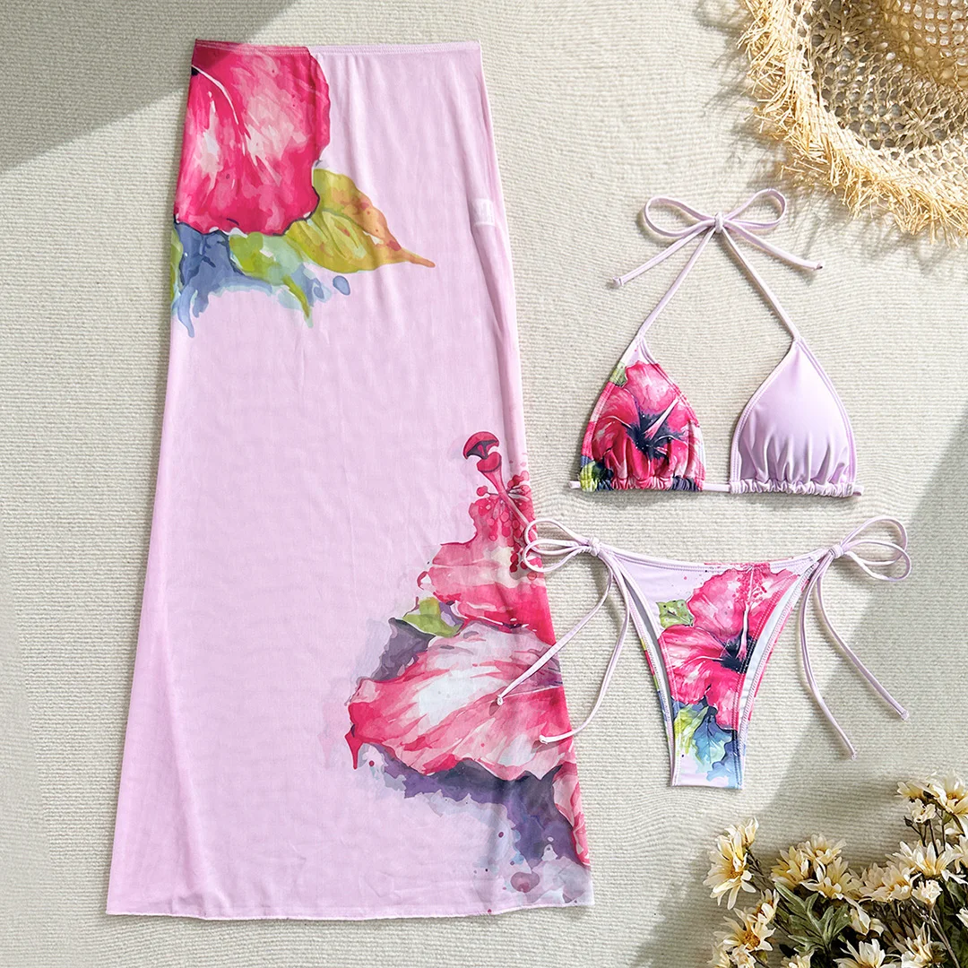 Blumenmuster mit Rock, Neckholder-Bikini, Damen-Badebekleidung, dreiteiliges Bikini-Set, Damen-Badeanzug, Badebekleidung, Badeanzug, Schwimmkleidung V6637 – Detail 29