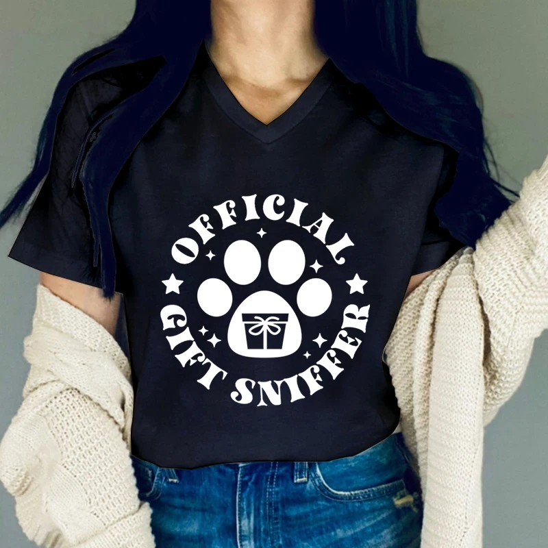 Women V Neck Tshirt Official Gift Sniffer Print Dog Paw Graphic Shirt Merry Christmas Y2K Tops Funny Vintage Dog Lover T Shirts