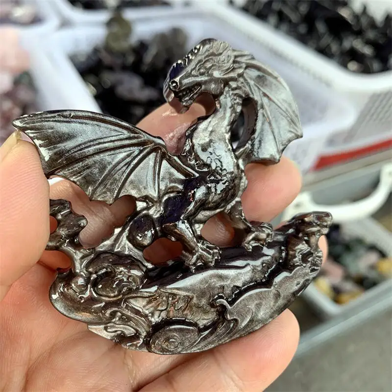 

Natural Silver Obsidian Dragon Carving Quartz High-Quality Crystal Healing Home Decoration Halloween Gift 1PCS