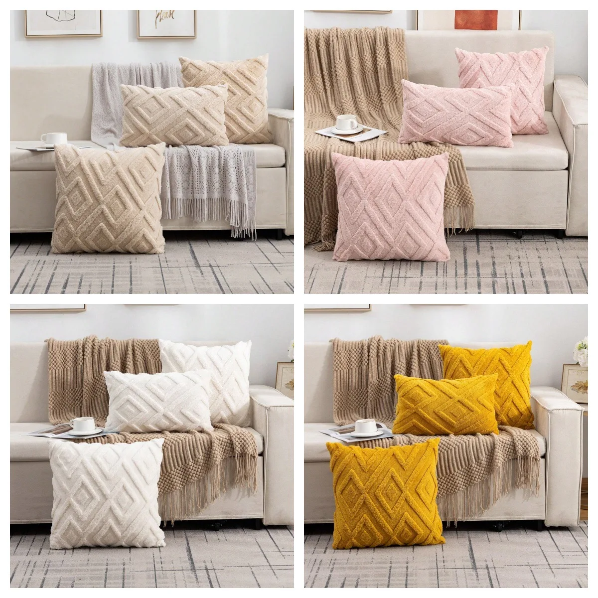Fundas de almohada con rejilla de diamantes de terciopelo de nieve, funda de cojín para sofá y cama, funda de almohada de felpa para dormir, cojín de algodón para decoración del hogar