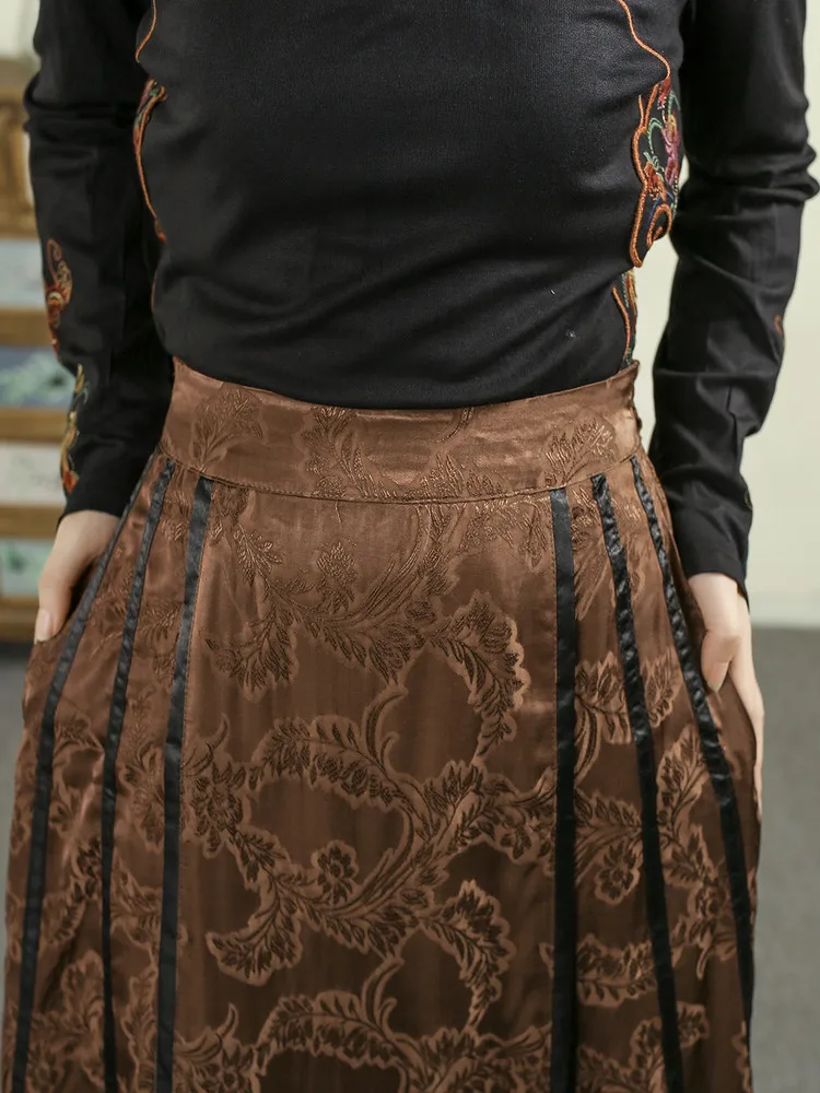 TIYIHAILEY Long Maxi Women Embroidery Skirts A-line Elastic High Waist 2026 New Ladies New Spring Autumn Chinese Style Satin