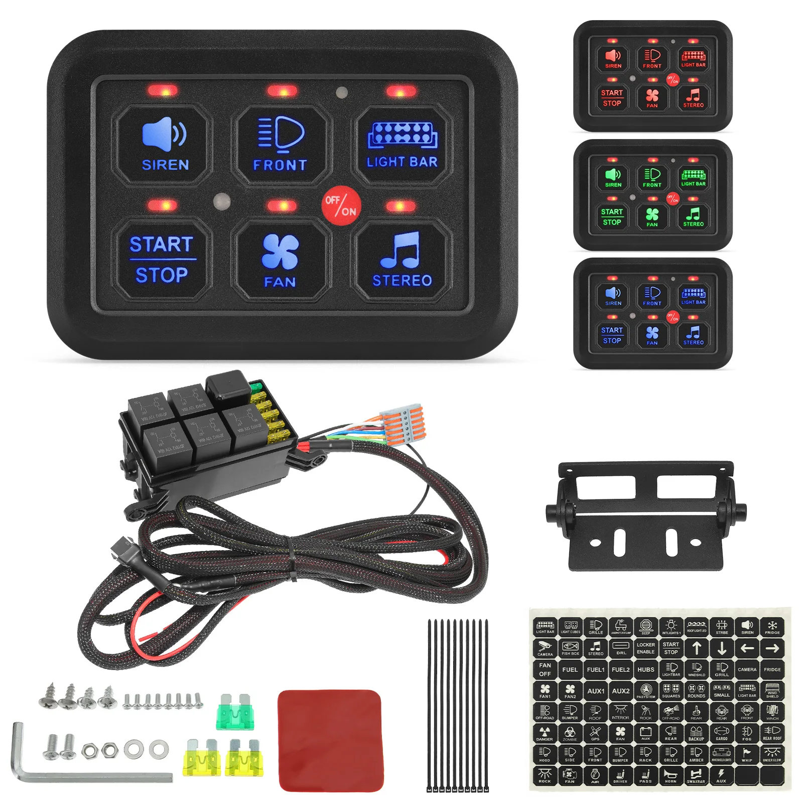 6 Gang Universal Switch Panel 7Colors LED Circuit Switch Controller 600W-1200W Electronic Relay System Box for Car ATV Boat Jeep