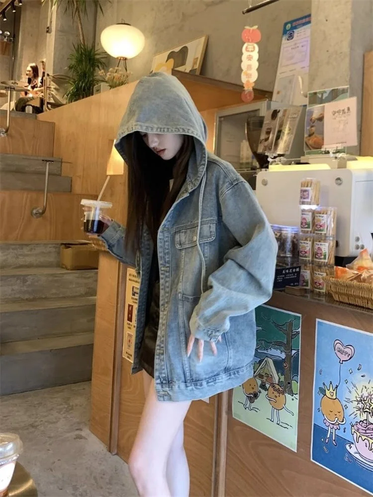 

Джинсовый тюнер с капюшоном в стиле ретро, женский повседневный свободный универсальный утягивающий топ для сестры больших размеров, осень-зима, Новое поступление