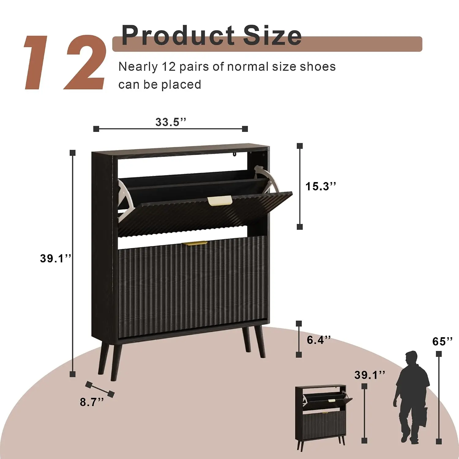 Narrow Shoe Storage Cabinet Freestanding Organizer Entryway Hallway Oak & Black 2 Flip Drawers, Customized