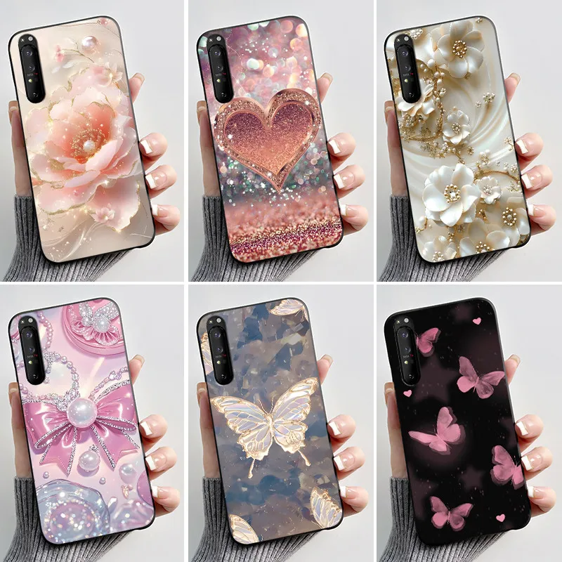 Capa com estampa para Sony Xperia 1 II III IV V, capa de silicone macia preta, capa com desenho de flor fofa, capa protetora.