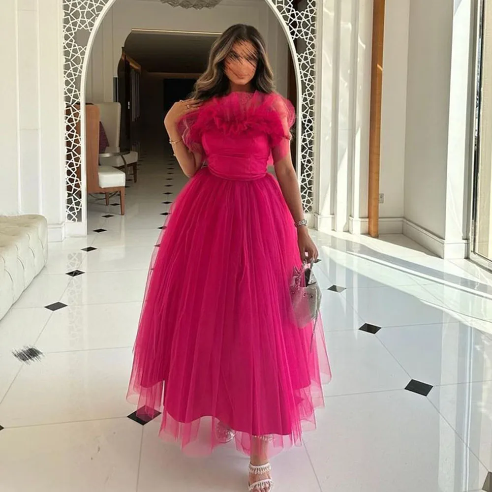 

Msikoods Fuchsia Occasional Prom Dress 2024 Arabic Pleated A-Line Tea Length Evening Dress Women Graduation Party Gowns