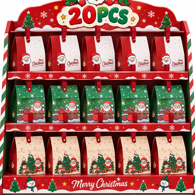 20/2pcs Merry Christmas Designs Candy Gift Box with Handle Santa Claus Pattern Biscuit Bags Holiday Festival Party Decorations