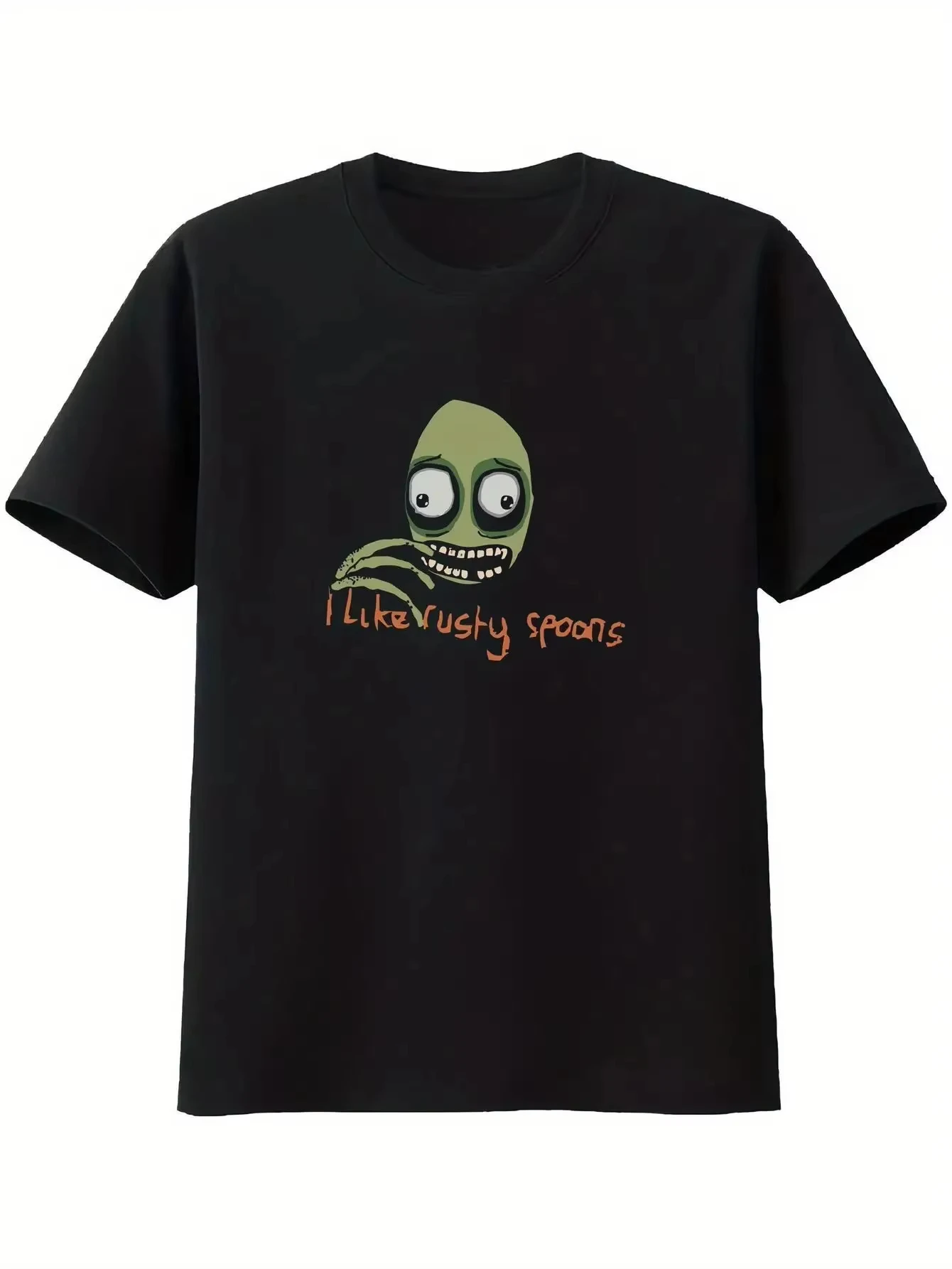 Camiseta gráfica de dibujos animados de terror Y2K con dedos de ensalada, ropa de calle informal negra con una camiseta unisex con estampado de terror juguetón para todas las estaciones