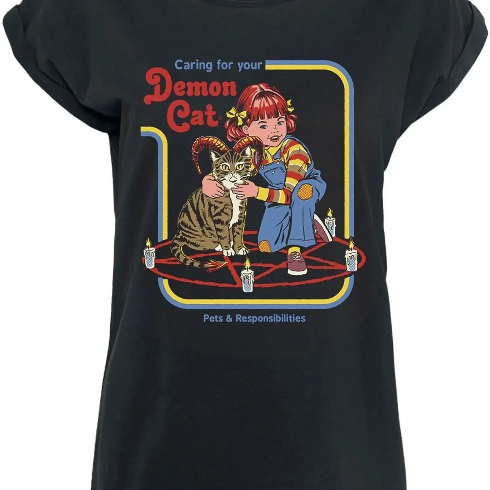 Steven Rhodes T Shirt Damen Demon Cat schwarz vintage Washed Stylish Versatile Top For Everyday Wear Breathable Unisex