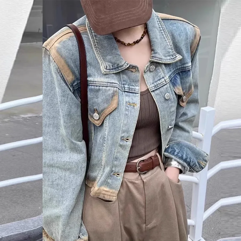 Vintage Do Old Design Feel Personality Street Hipster Denim Coat Female 2024 Fall/Winter Loose All-match Cargo Jacket Top