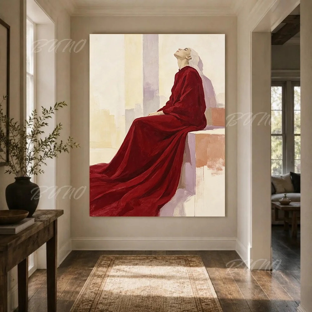 100% Handmade Abstract Oil Painting Original Elegant Lady In Red Portrait Canvas Wall Art For Home Living Room Bedroom Decor