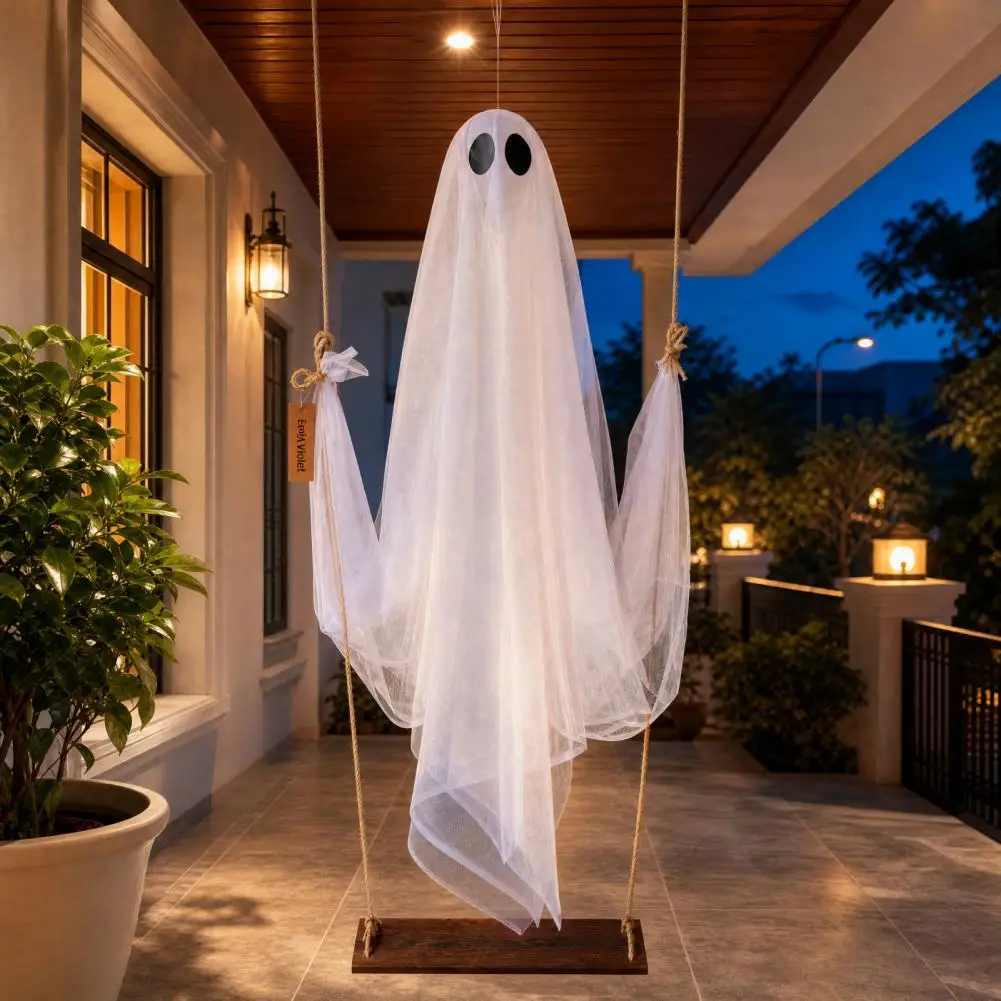 Battery Powered Halloween Decor Hanging Swing Ghost with Led String Lights Battery Operated Halloween Decoration Spooky Outdoor