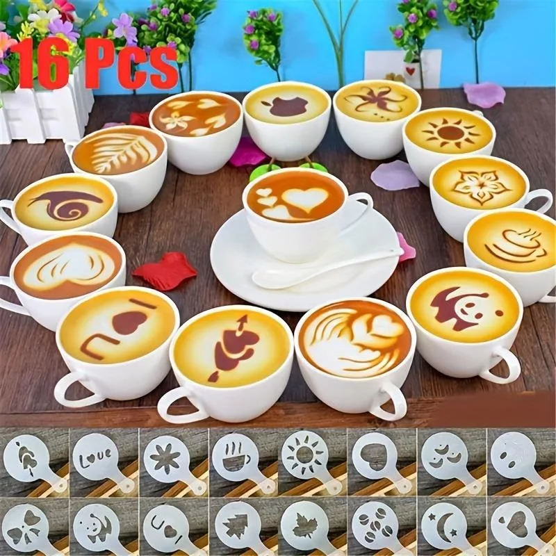 16Pcs Coffee Stencils Set Barista Cappuccino Art Templates Latte Foam Decor Tools Plastic Cake Decorating Kitchen Home Use