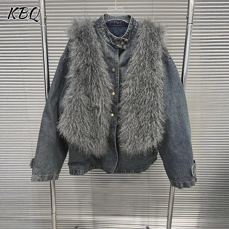 

KBQ Минималистичные комплекты из двух предметов для женщин Кардиган Меховой жилет Воротник-стойка Длинные рукава Куртки на пуговицах Теплый комплект Женский Новый