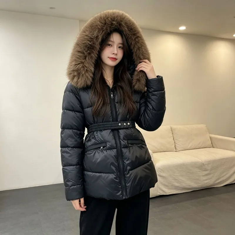 Korean Fur Collar Hooded Parkas Ladies Fashion Cropped Cotton Padded Winter Jacket Female Belt Casual Warm Parka Coats