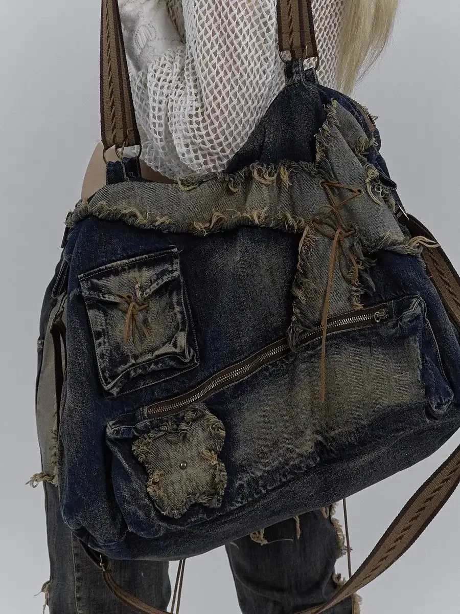 

Wasteland Culture Wander Style Hottie Streetwear Large Capacity Denim Bag American Vintage Heavy Industry Women Shoulder Bag