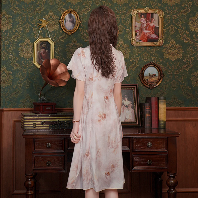 Neue chinesische Sle Kragen gedruckt A-Linie Dr Frauen Sommer 2024 hohe Taille Plissee Kleid Ele Dame Rock