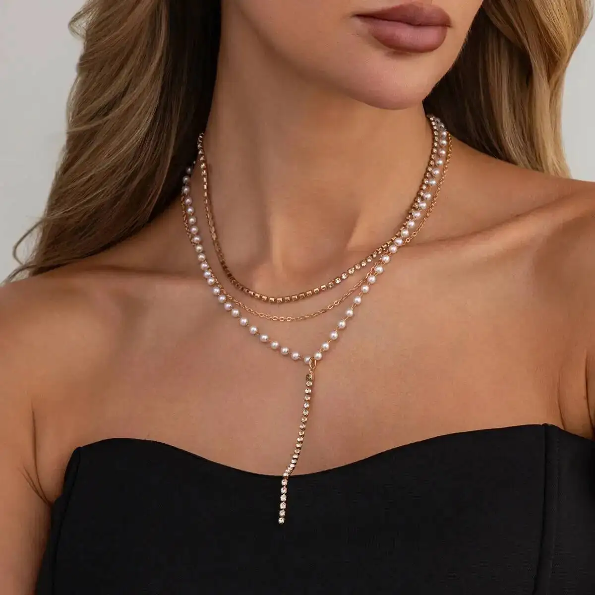 SHIXIN 3Pcs Charm Imitation Pearl Choker Necklace Women Retro Gold Color Metal YShape Tassel Chain Sexy Front Chest Body Jewelry