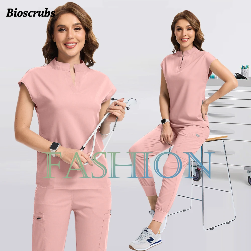 Moda rosa enfermeira esfrega conjunto uniforme cirúrgico médico dentista macacão pet hospital clínica workwear médico clínico terno de enfermagem