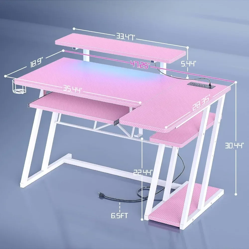 

Pink Gaming Desk with Shelves and Power Outlets, L Shaped Gaming Desk with LED Lights with Monitor Stand, 47" Gamer Desk