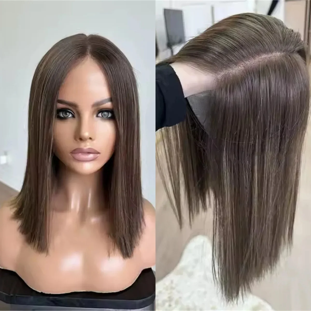14Inches Natural Straight Ombre Chestnut Brown Highlights Synthetic Lace Frontal Wigs Soft Heat Resistant Fiber Wigs Premium Wig