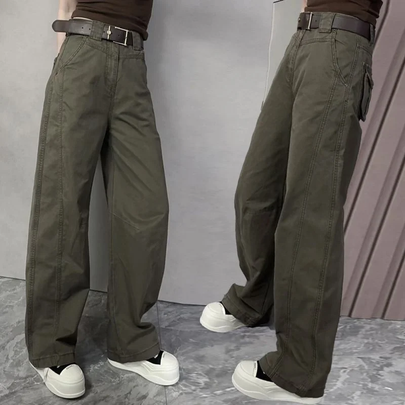 Spring Female Pocket Wide Leg Trousers Autumn Women Fashion High Waist Straight Pants Retro Ladies High-end Patchwork Pantalons