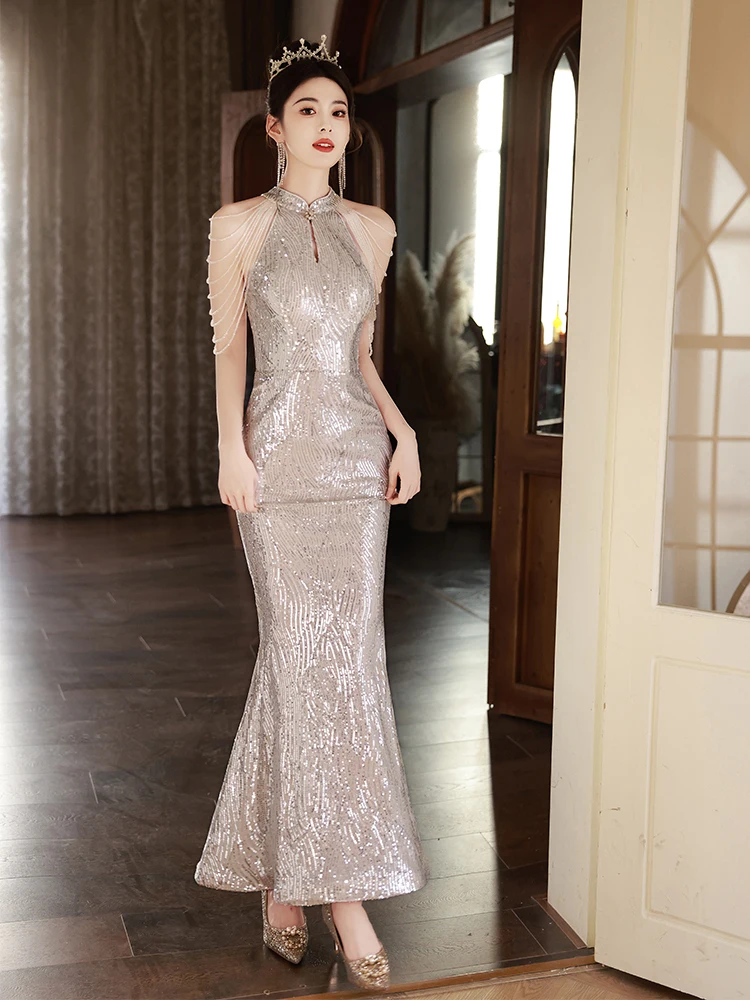 

Champagne Colored Evening Gown Wedding Dr for Women Engagement Celebration Host Ball Gown Luxury Sequin Fi Tail