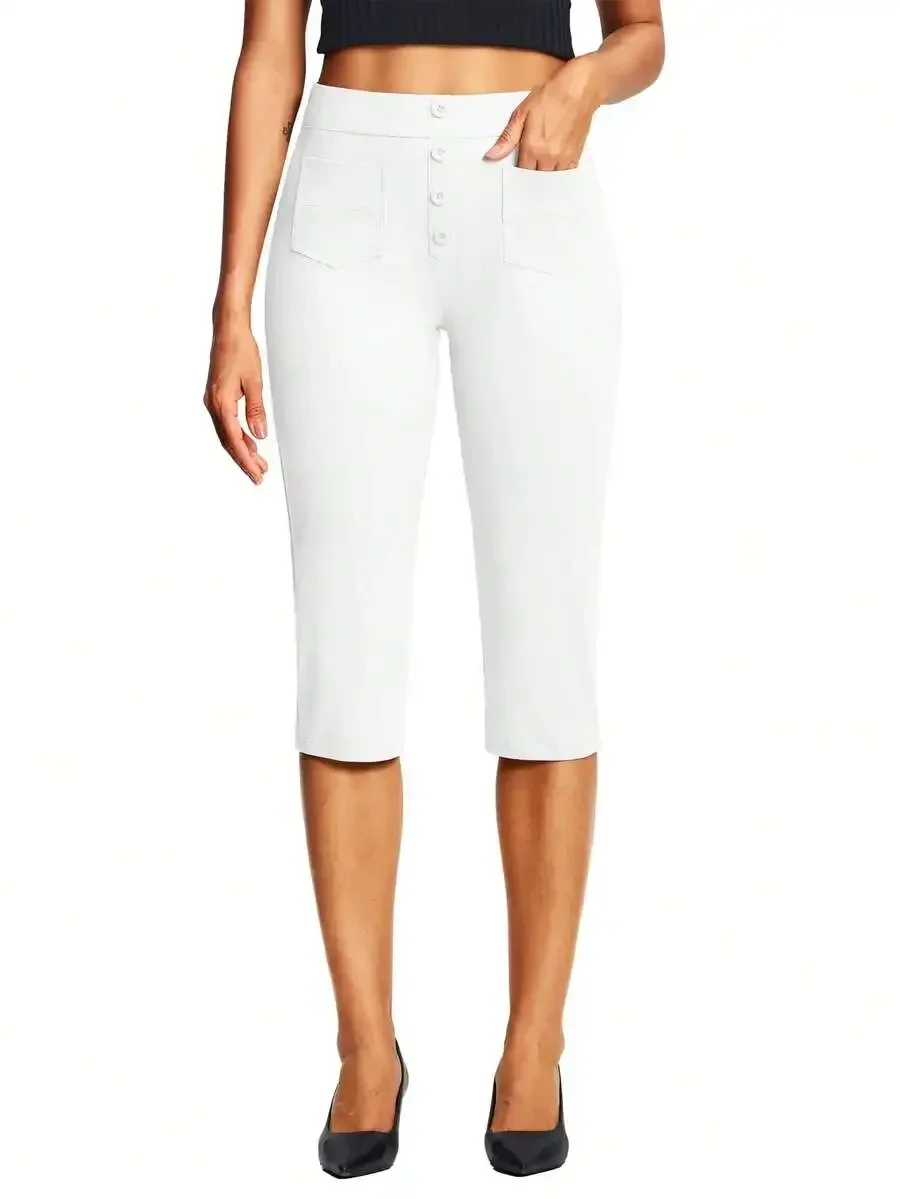 

Womens White Capri Pants Slim Fit Stretch Pull On With Pockets Casual Work Summer