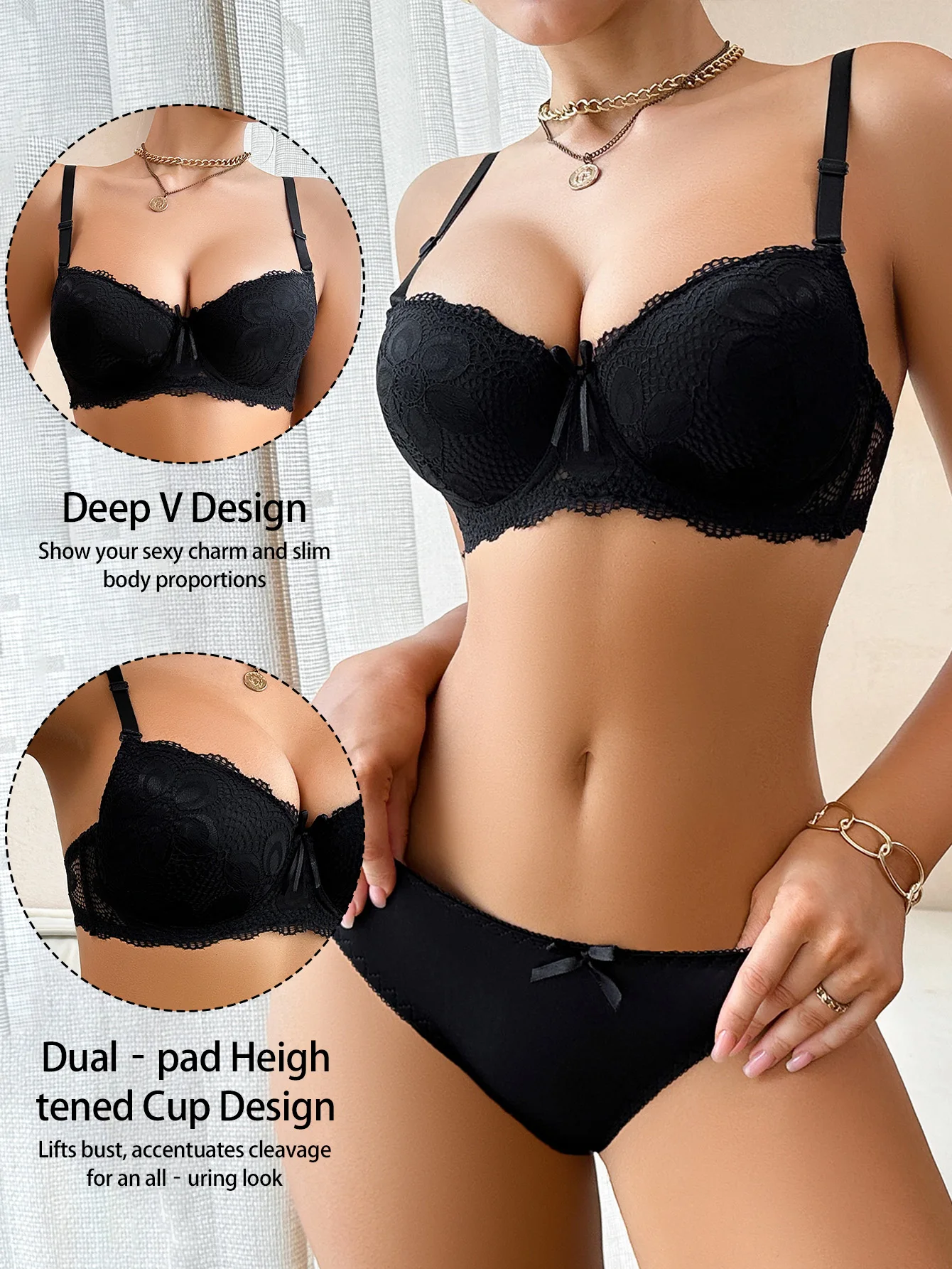 Black Lace Set Women Underwire Two Piece Push Up Braslingerie Set For Women Solid Underwear Set A2123