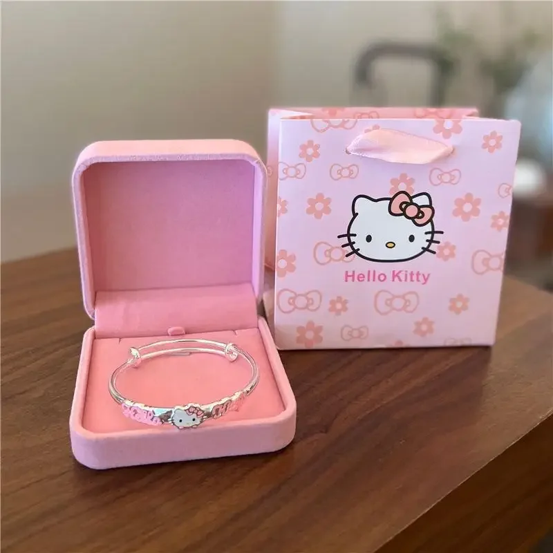 Authentic Sanrio Hellokitty Sterling Silver Bracelet Cute Push-Pull Silver Bracelet for Children, Adults, Sisters, Birthday Gift