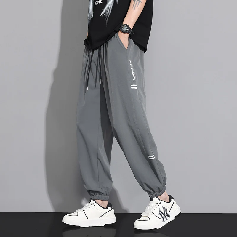 

Ice Silk Men's Joggers Pants Summer New Black Gray Thin Casual Jogging Pants Outdoor Elastic Breathable Straight Leg Sweatpants