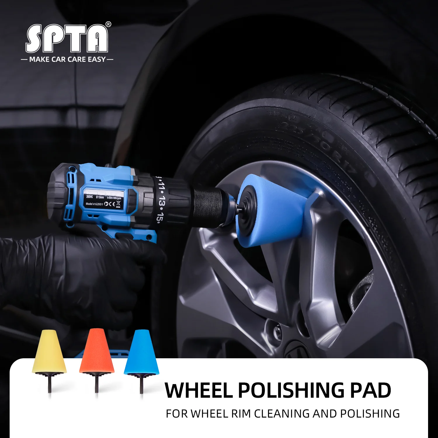 SPTA Car Wheel Polishing Sponge for Electric Drill 3/4 inch Burnishing Ball Detailing Cone Hub Cleaning Accessories