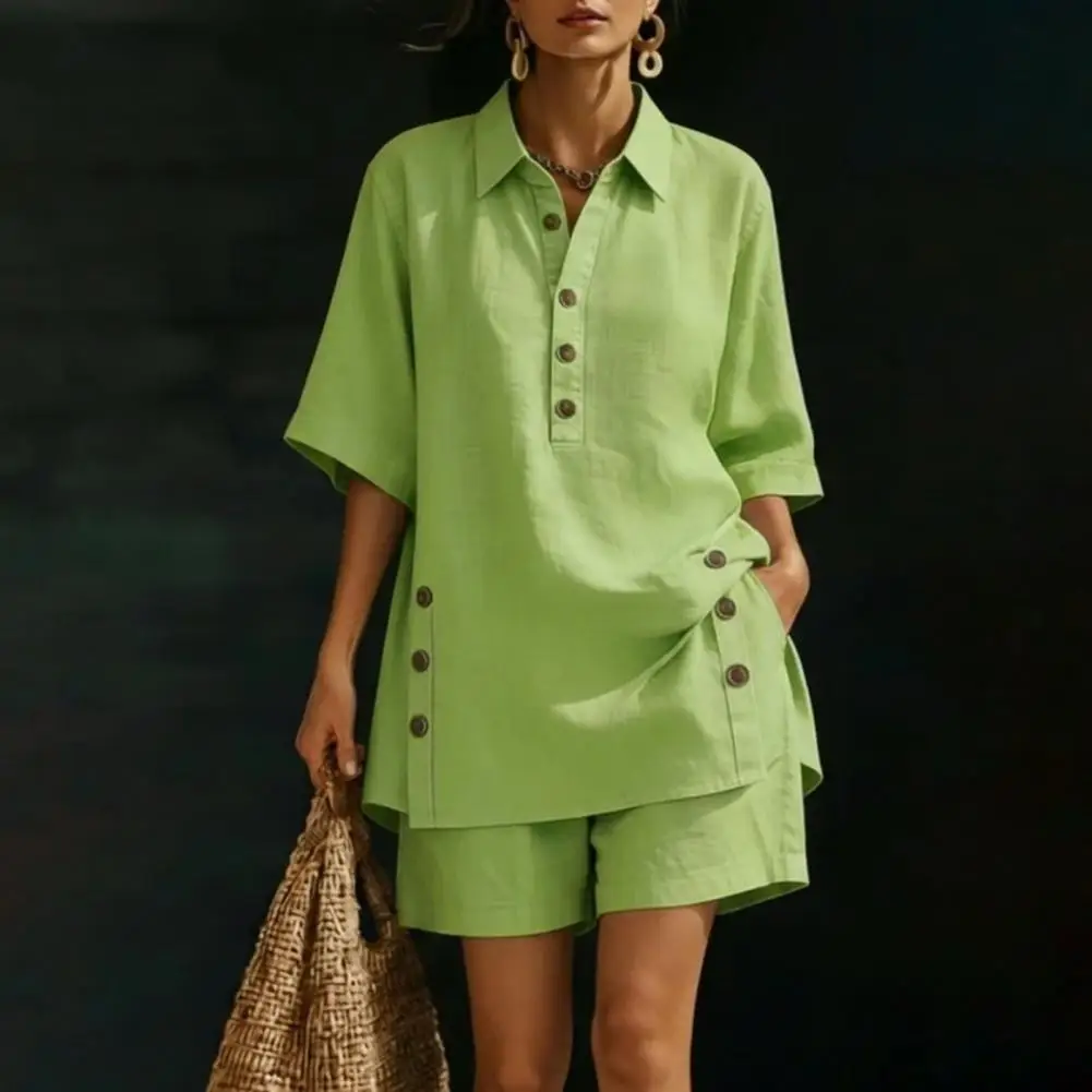 Lapel Button Shirt Cotton Linen Women’s 2 Piece Outfit Button Short Sleeve Shir… - Image 3