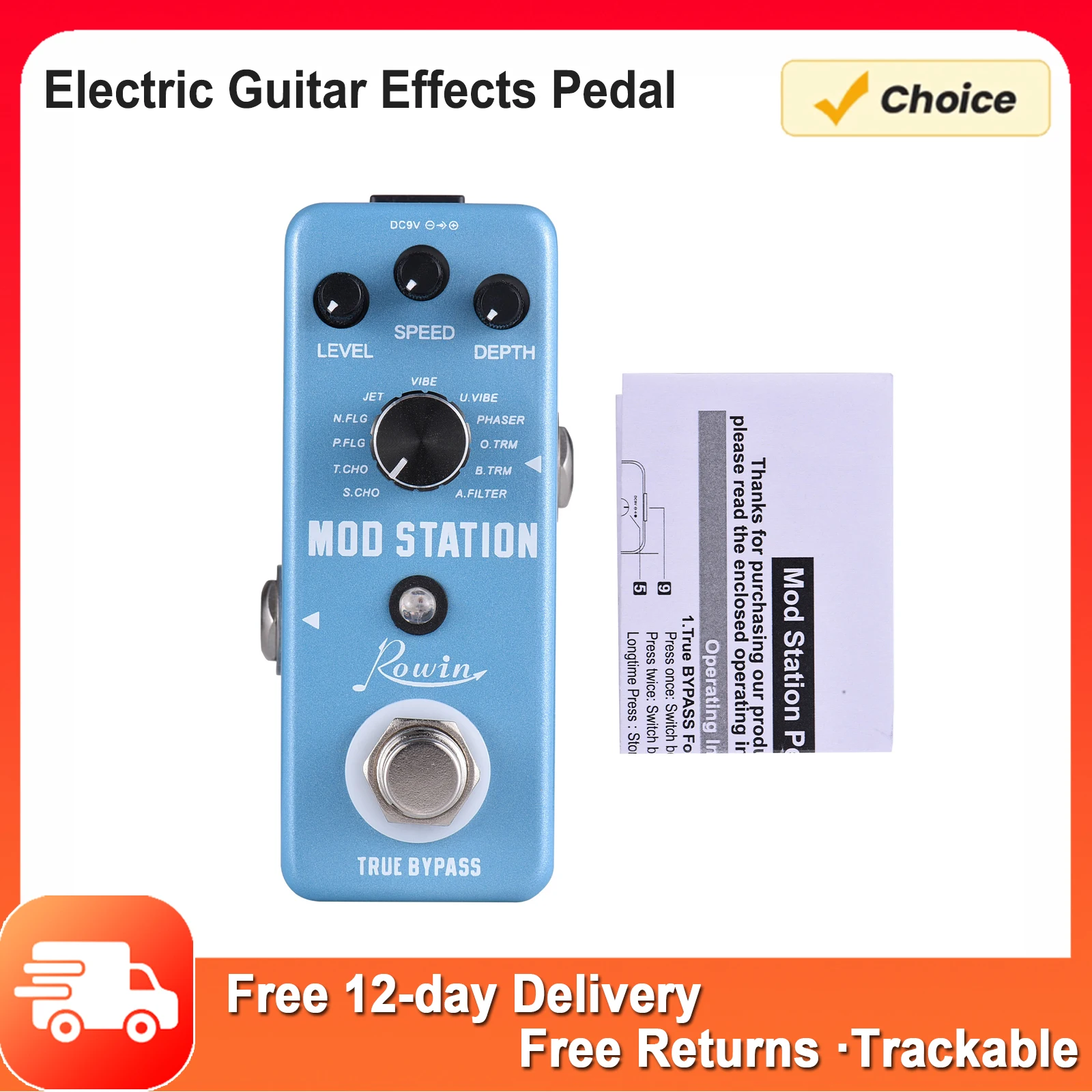 

Rowin Guitar Effects Pedal MOD Station Guitar Pedal 11 Modes Guitar Effect Pedal and LEVEL/SPEED/DEPTH Control Knobs with True B