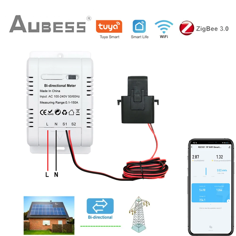 

Solar PV Bidirectional Two Way Tuya Smart WiFi ZigBee Energy Meter 150A Clamp Current Transformer App Monitor Power 110V 240VAC