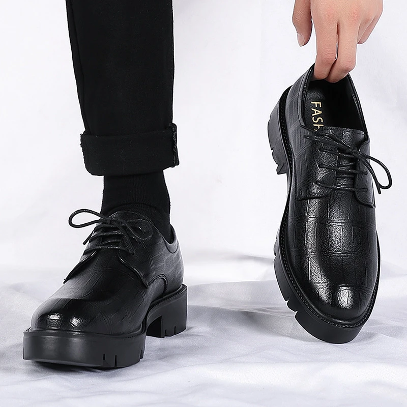 Leather Shoes Textured Pattern Lace Up Thick Lug Sole Formal Business Footwear For Office And Suit Matching Comfortable Non Slip