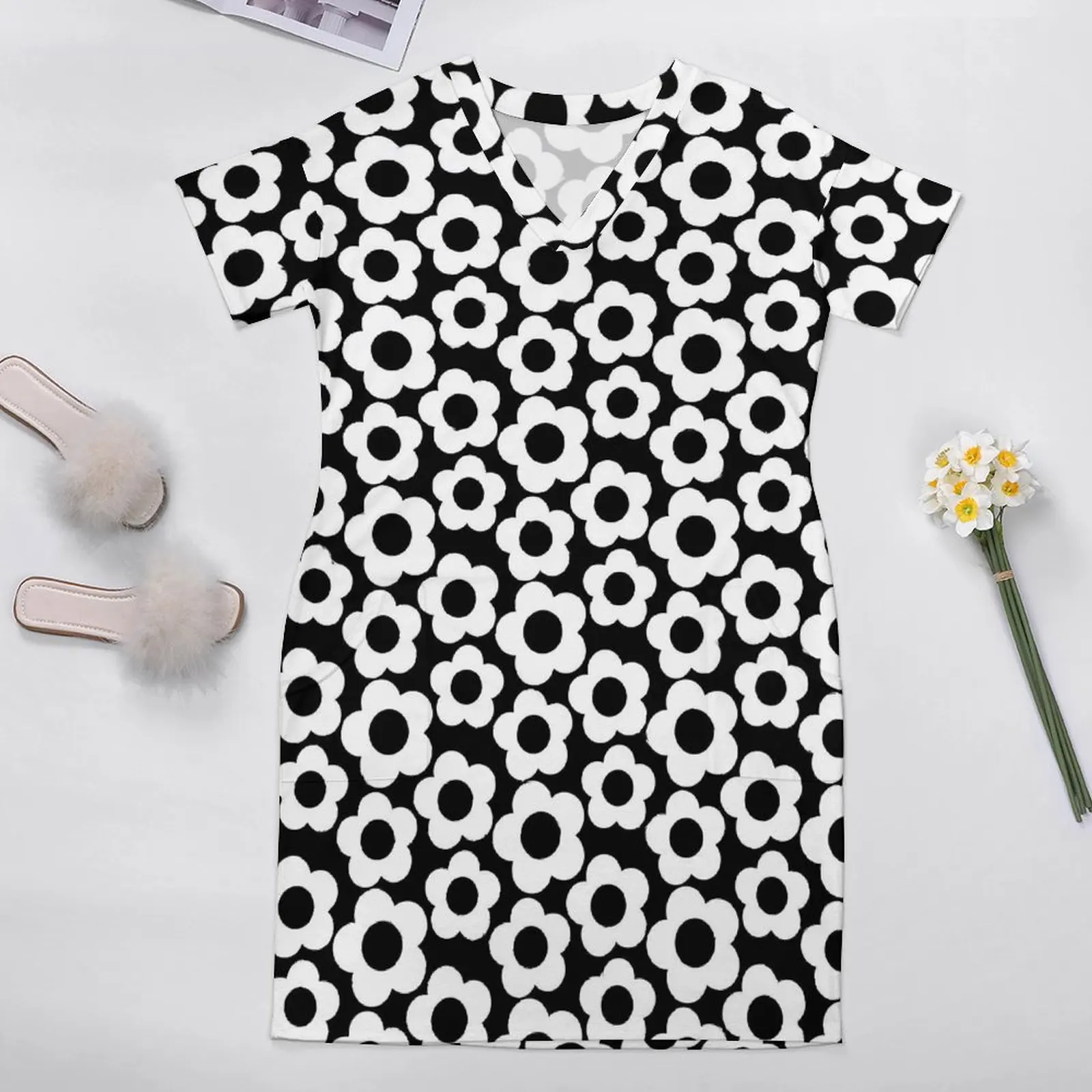 Retro Flower Power Dress Womens Black and White Korean Fashion Casual Dress Spring V Neck Stylish Oversize Dresses Gift Idea