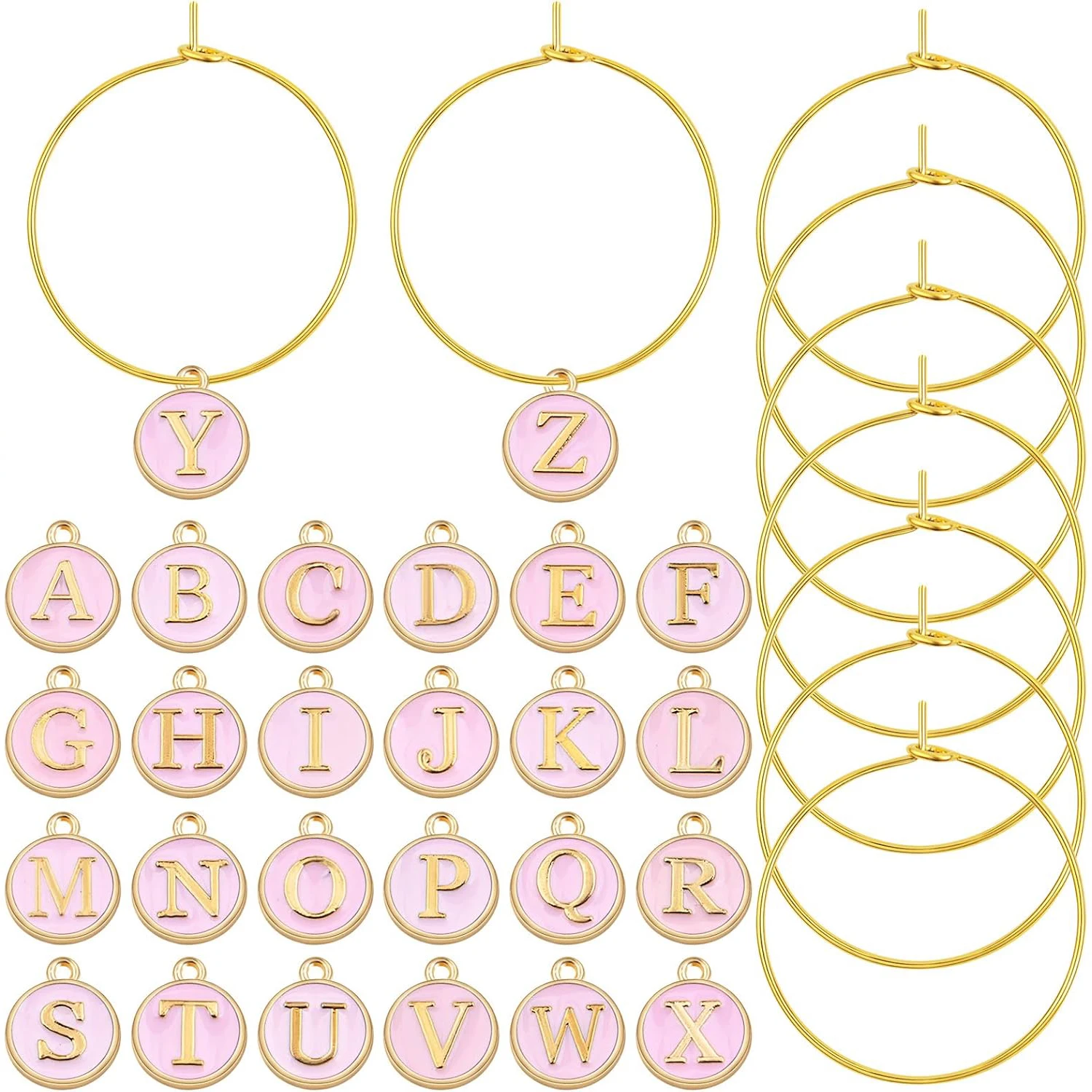 

52pcs Round Pink Enamel Initial Letter Charms and 60pcs 25 mm Golden Wine Glass Rings Drink Identifiers Markers for Party