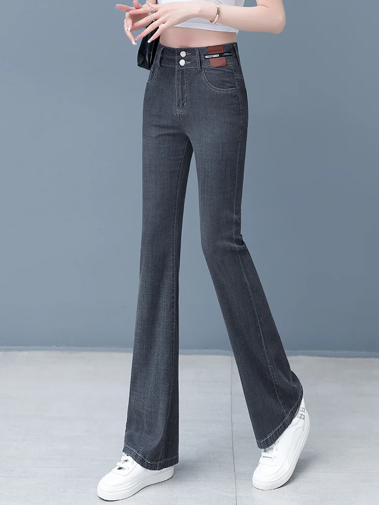 

High Waist Slimming Ice Silk Denim Pants Women's Spring Summer New Style Micro Flared Hoof Pants Thin Hanging