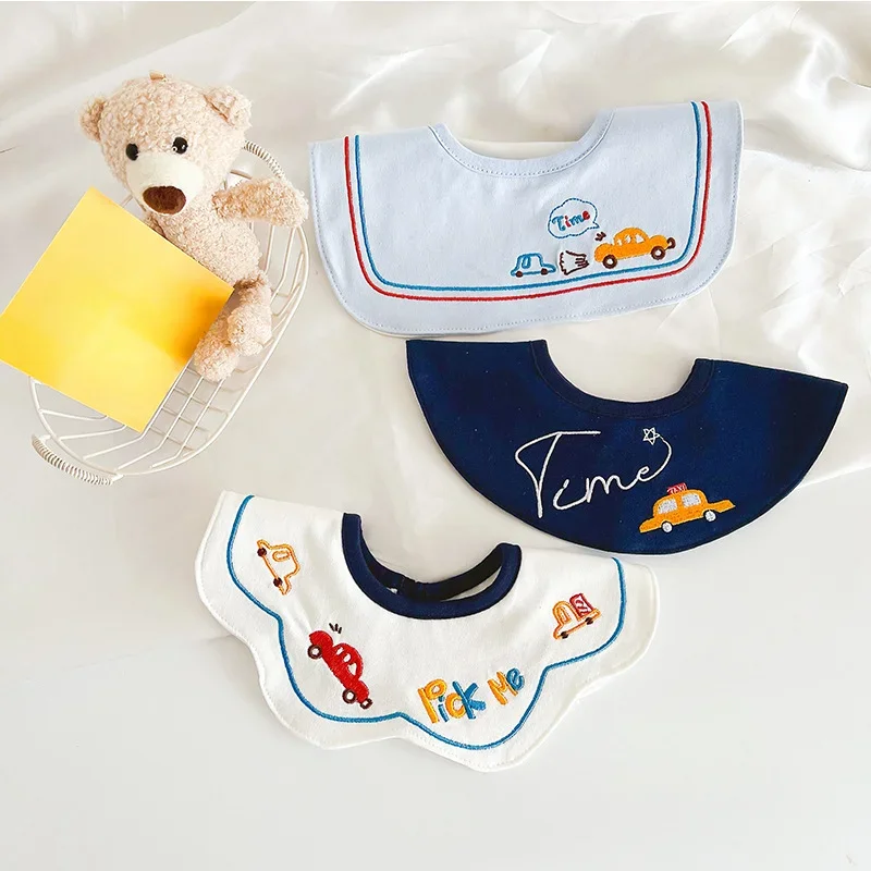 3PCS Korean Cotton Baby Bib Prince Cotton Embroidered Bibs Baby Saliva Towel Boys and Girls Waterproof Flower Fake Collar Bibs